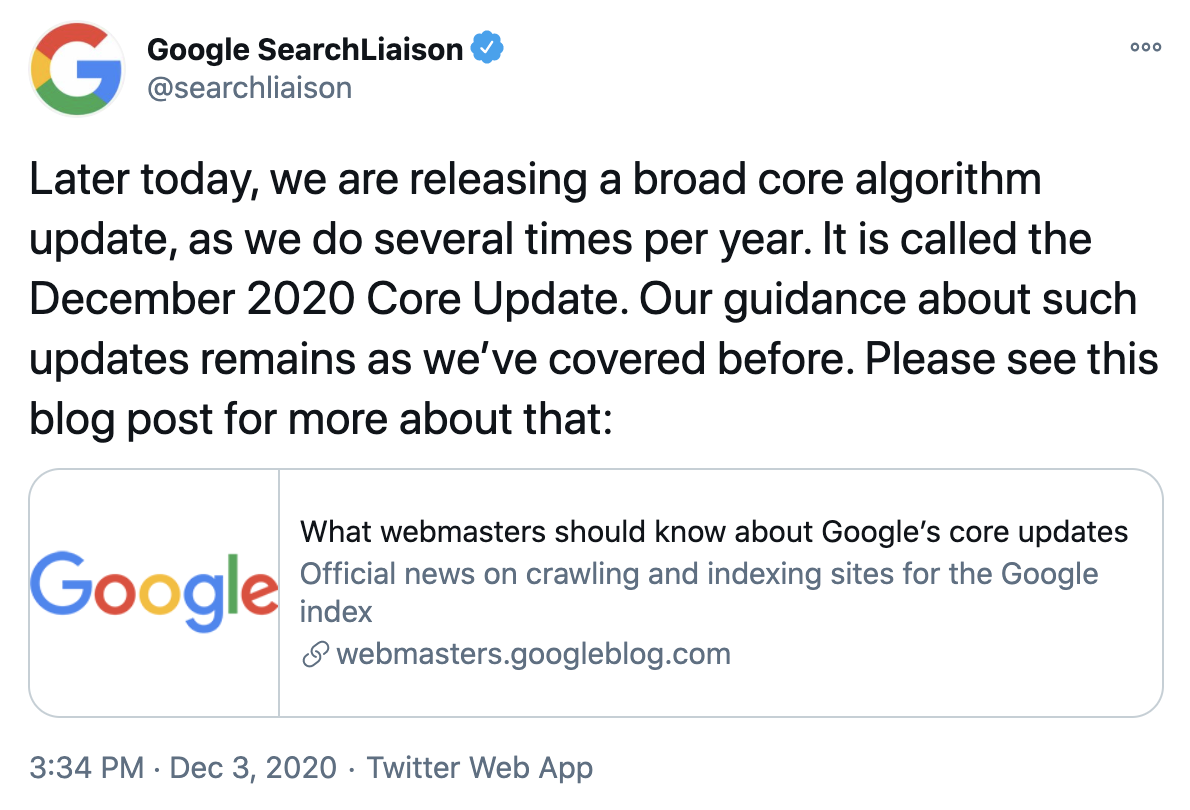Google Twitter December 2020 Core Update